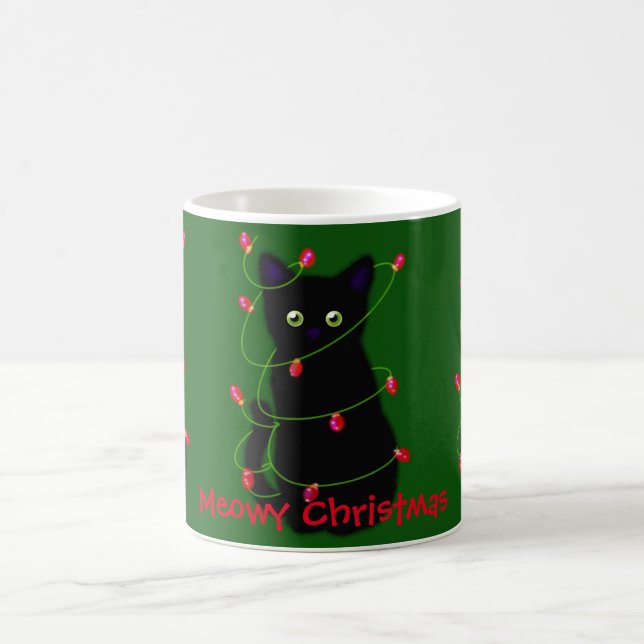 Caneca De Café Gato negro | Meowy Christmas | Luzes cintilantes (Centro)
