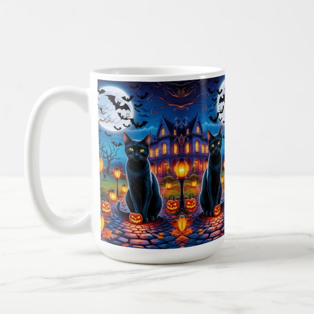 Caneca De Café Gato Negro na Paisagem Halloween Encantada (Esquerda)