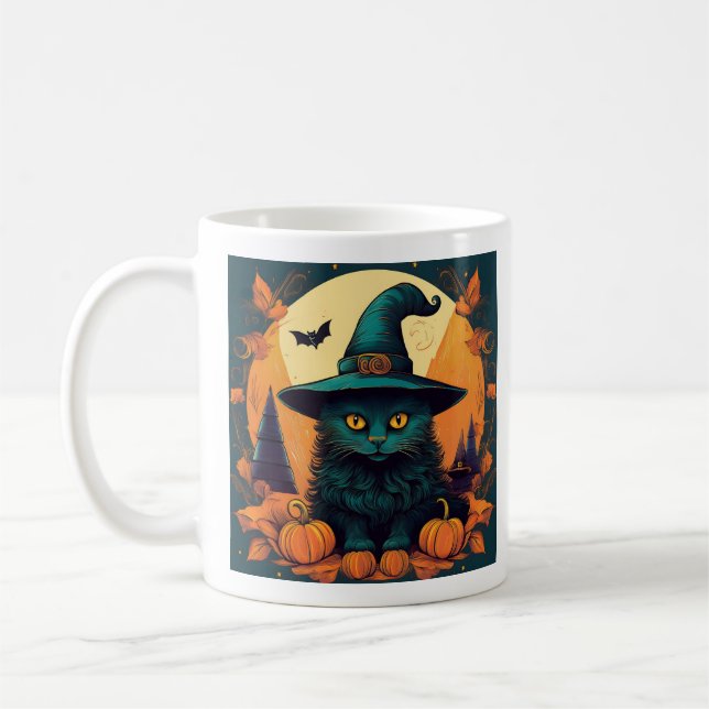Caneca De Café Gato Negro num Chapéu de Bruxas (Esquerda)
