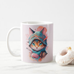 Caneca De Café Gato Ninja Encapuzado Fofo em Aquarela