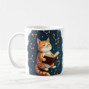 Caneca De Café Gato No Espaço Lendo Livro Cósmico Astronomia Vint
