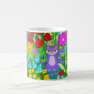 Caneca De Café Gato no Jardim Borboletas Coloridas Flores de Fant