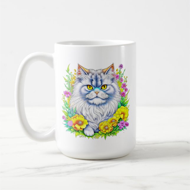 Caneca De Café Gato Persa Branco em Flores Personalizado (Esquerda)