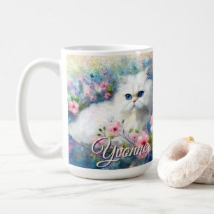 Caneca De Café Gato Persa Olhos Azuis em Flores Rosas Personaliza