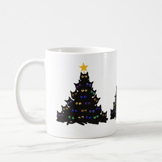 Caneca De Café Gato Preto Arrancado Em Luzes De Árvore De Natal T (Esquerda)
