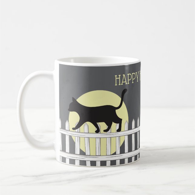 Caneca De Café Gato Preto Assustador na Cerca de Picket (Esquerda)