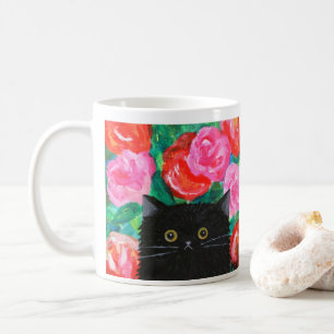 Caneca De Café Gato preto bonito com flores brilhantes