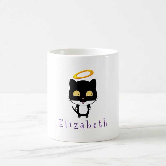 Caneca De Café Gato Preto com Anjo Halo Bonito Ouro Personalizado (Centro)