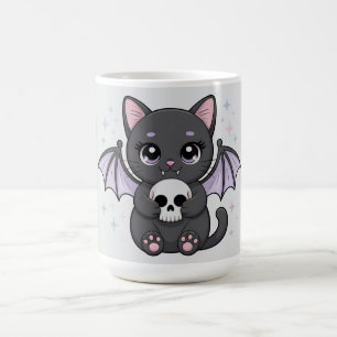Caneca De Café Gato Preto com Asas de Morcego Roxas Abraçando uma