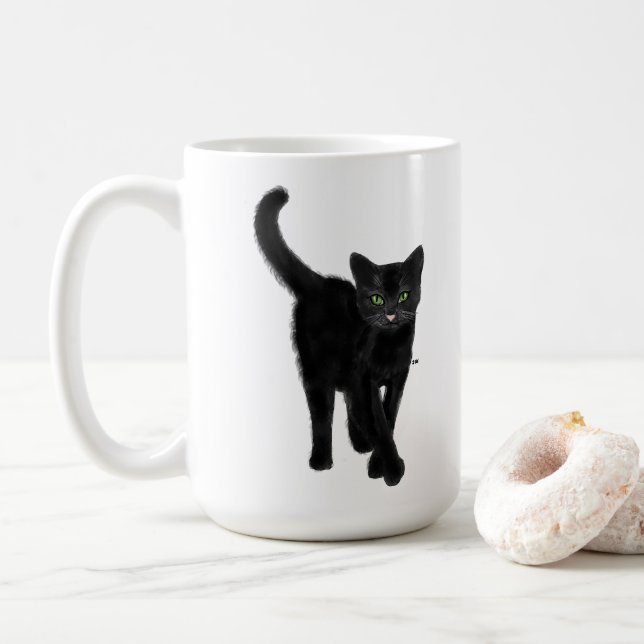 Caneca De Café Gato Preto com Citação de Olhos Verdes (Com Donut)