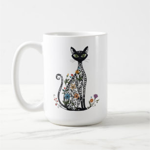 Caneca De Café Gato Preto com Flores no estilo Filigrana