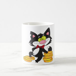 Caneca De Café Gato Preto Com Moedas Personagem De Dinheiro Fofo