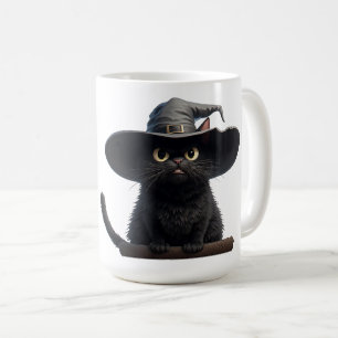 Caneca De Café Gato Preto Com Olhos Intensos E Chapéu De Bruxa Ma