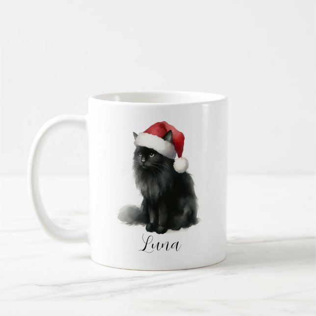 Caneca De Café Gato Preto de Aquarela Festivo Santa Hat Mug (Esquerda)