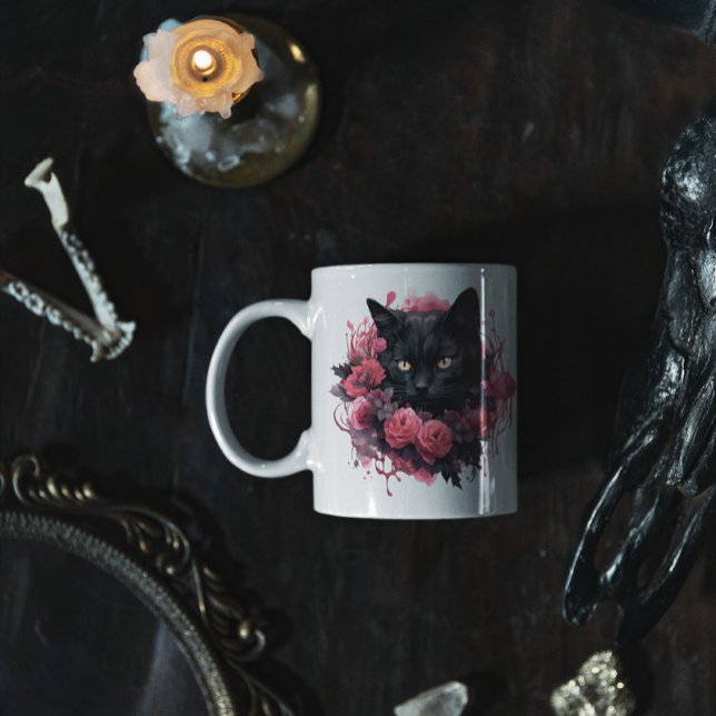 Caneca De Café Gato Preto de Halloween Floral (HALLOWEEN PINK BLACK CAT MUG)