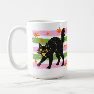 Caneca De Café Gato Preto de Halloween Fofo e Retro com Listras e