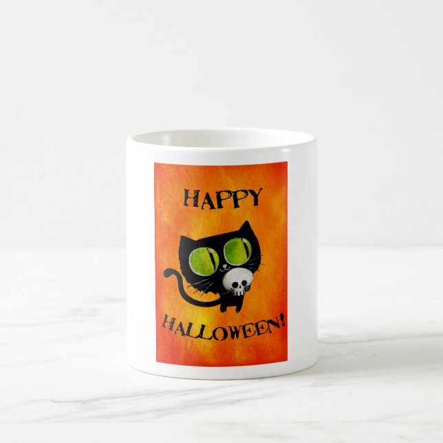 Caneca De Café Gato preto do Dia das Bruxas com crânio (Centro)