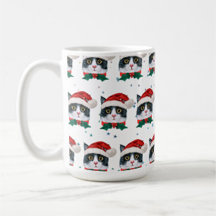 Caneca De Café Gato Preto e Branco Fofo com Chapéu de Papai Noel