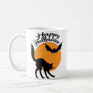 Caneca De Café Gato preto e morcego de Halloween com lua, hallowe