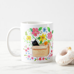 Caneca De Café Gato Preto em uma Caixa com Flores Arte Desenhada