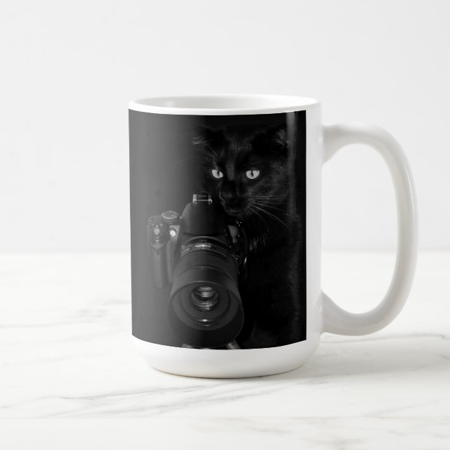 Caneca De Café Gato Preto Engraçado com a Câmera (Direita)