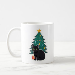 Caneca De Café Gato Preto Festivo e Mata de Natal