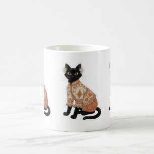 Caneca de Café Gato Preto Floral Terracota