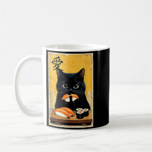 Caneca De Café Gato Preto Fofo Kawaii Comendo Sushi Japonês Engra