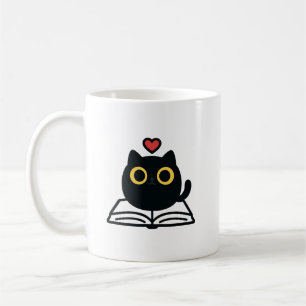 Caneca De Café Gato Preto Fofo Kawaii Lendo Livro Cartoon