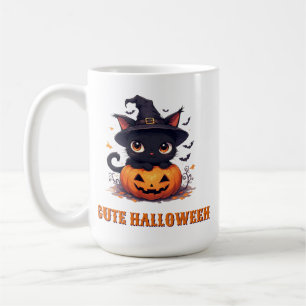 Caneca De Café Gato Preto Kawaii Segurando Abóbora Halloween 🎃