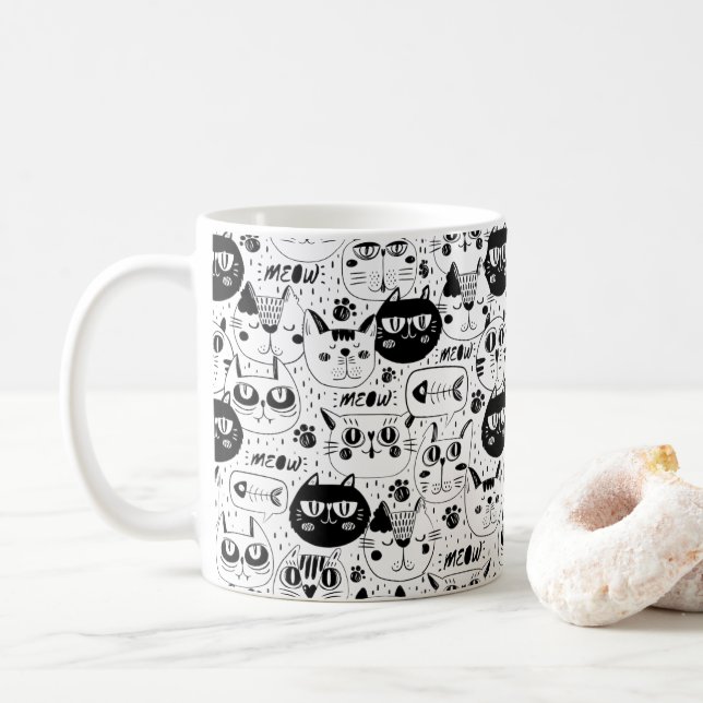 Caneca De Café gato preto miado rabinho fofo (Com Donut)
