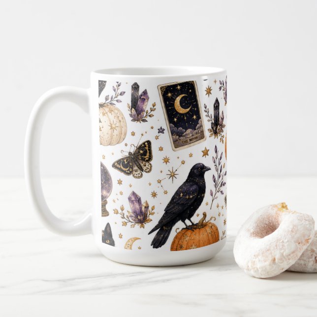Caneca De Café Gato Preto Místico Halloween Tarot Celestial  (Com Donut)