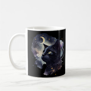 Caneca De Café Gato Preto Místico Sob Lua Completa - Dentes De Ha