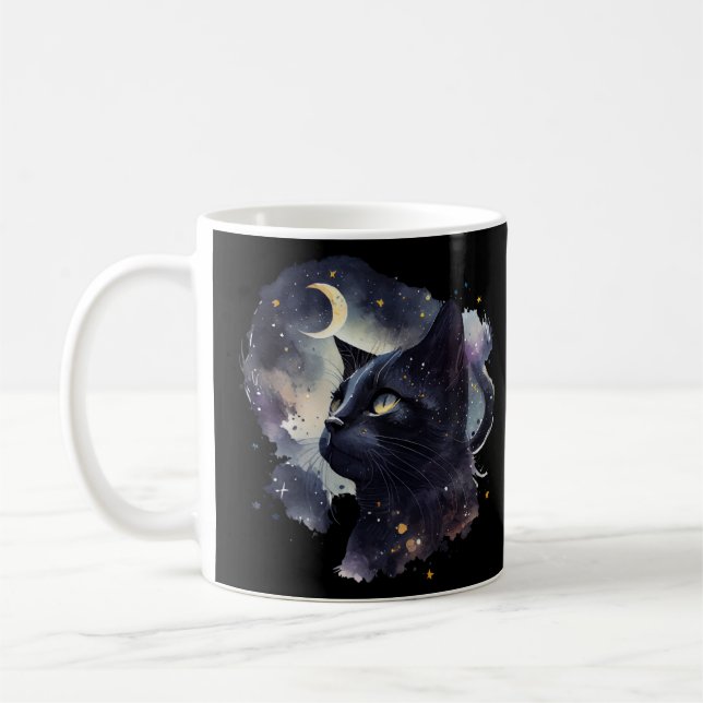 Caneca De Café Gato Preto Místico Sob Lua Completa - Dentes De Ha (Esquerda)