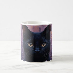 Caneca De Café Gato Preto numa Ilustração de Campo de Lavanda