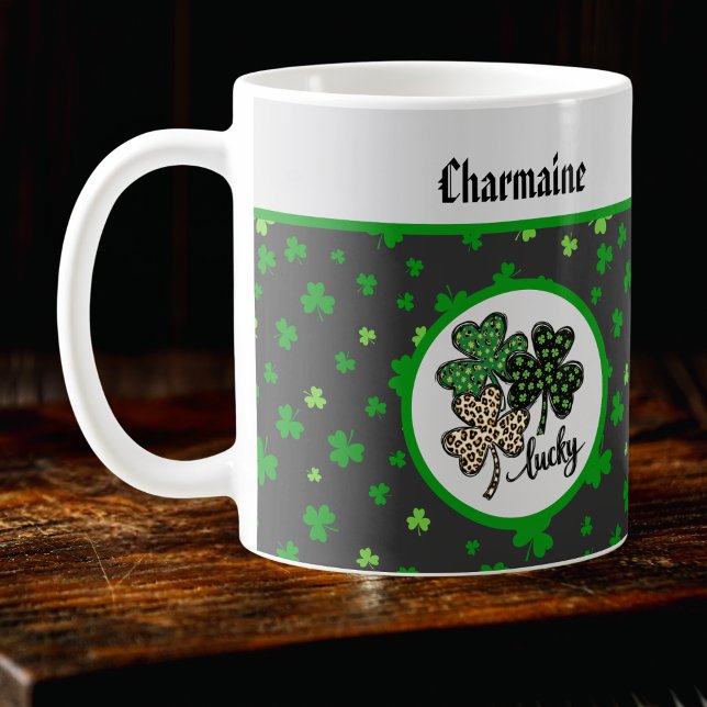 Caneca De Café Gato Preto Sortudo St Patrick Shamrock Verde Impre (Criador carregado)