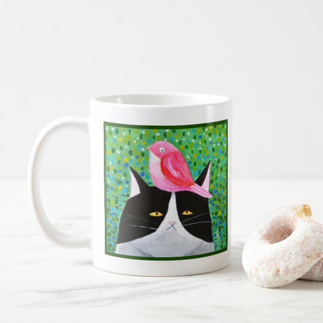 Caneca De Café Gato rabugento com pássaros vermelhos, pássaros en (Com Donut)