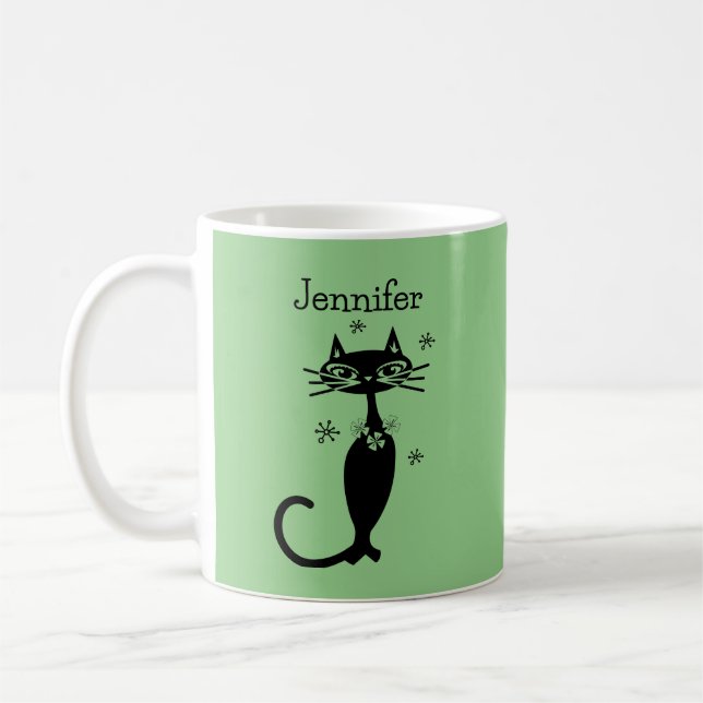 Caneca De Café Gato Retro de Pescoço Comprido Verde (Esquerda)