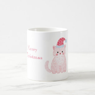 Caneca De Café Gato Rosa Chapéu de Natal Vermelho