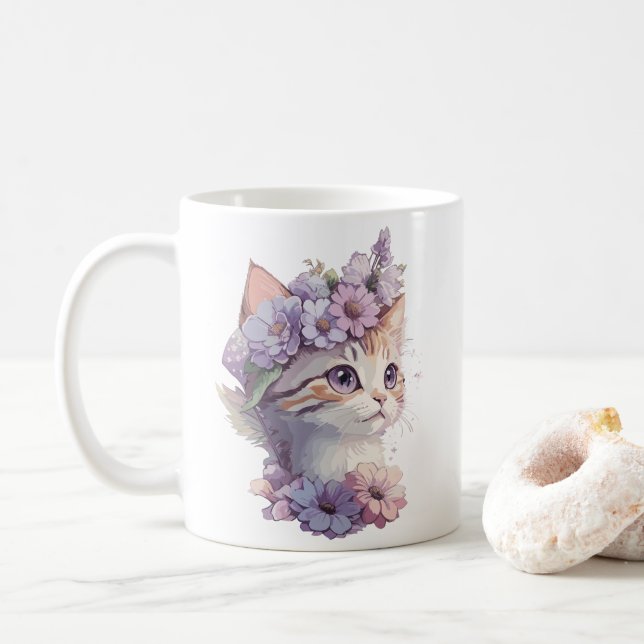 Caneca De Café Gato roxo de aquarela fofo com Flora (Com Donut)