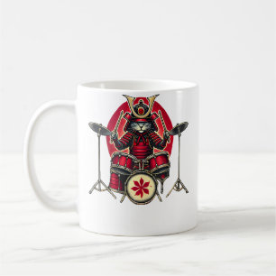 Caneca De Café Gato Samurai Japonês Tocando Tambores Bateria Músi