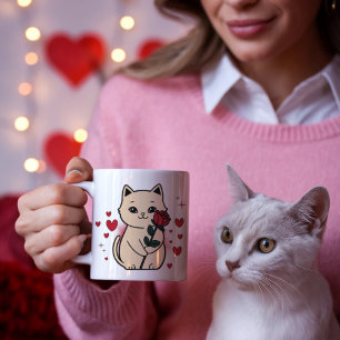 Caneca De Café Gato segurando uma rosa com corações vermelhos dia