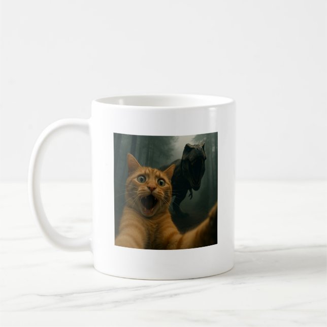 Caneca De Café Gato Selfie Com T-Rex Dinossauro Comédia Animal (Esquerda)