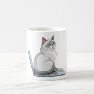 Caneca De Café Gato Sentado no Teclado do Laptop Gato de Trabalho