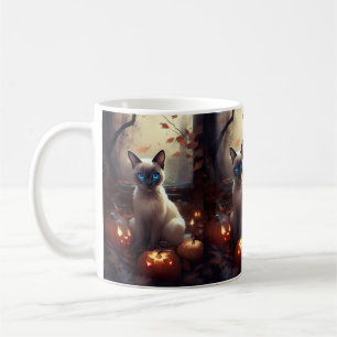 Caneca De Café Gato Siamês do Halloween Com Pumpkins Assustado