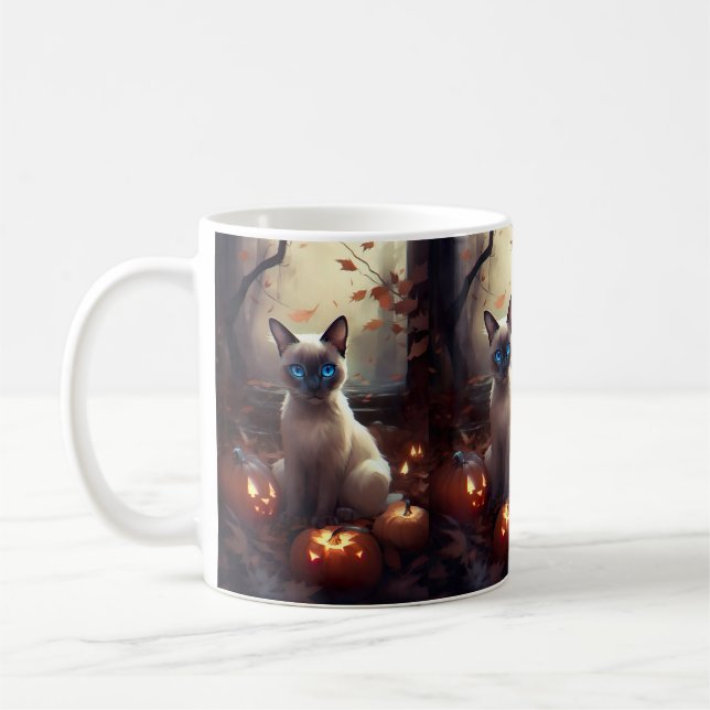 Caneca De Café Gato Siamês do Halloween Com Pumpkins Assustado (Esquerda)