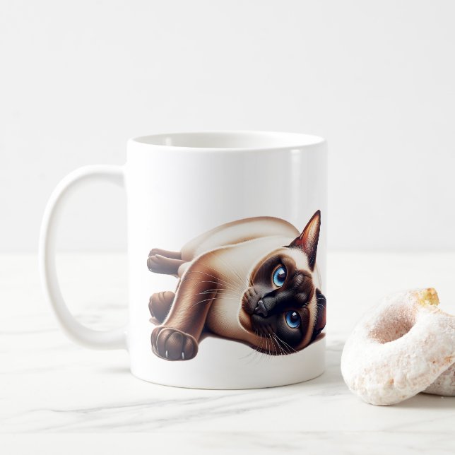 Caneca De Café Gato Siamês, Felino De Olhos Azuis (Com Donut)