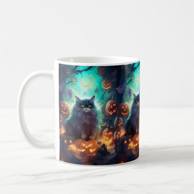 Caneca De Café Gato Siberiano de Halloween com Abóboras Assustado (Esquerda)