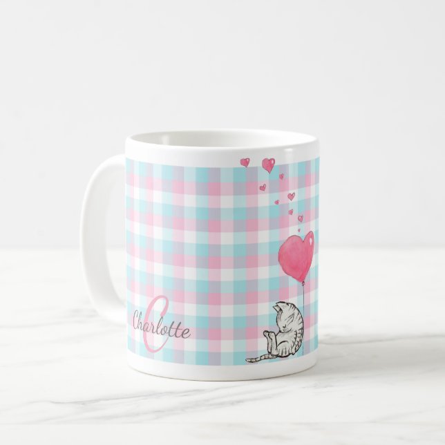 Caneca De Café Gato Sonolento Azul Cor-de-Rosa Moderno (Frente Esquerda)