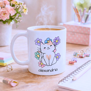 Caneca De Café Gato Sorridente com Monograma de Flores